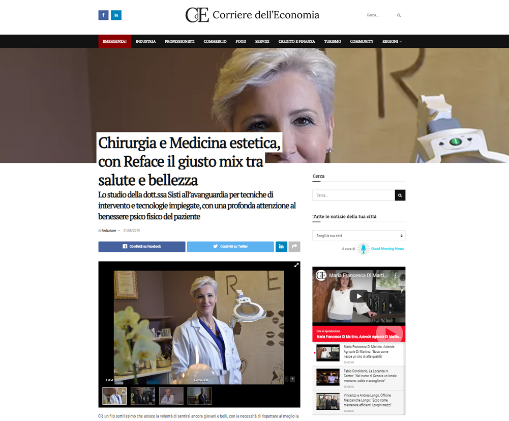 Corriere dell'Economia - Dr. Cinzia Sisti - Chirurgia e Medicina estetica, con Reface il giusto mix tra salute e bellezza